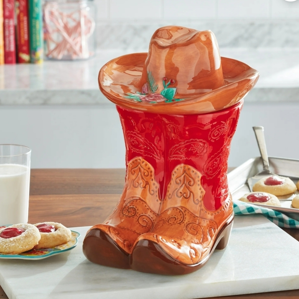 New The Pioneer Woman Red and Brown Cowboy Boot Cookie Jar